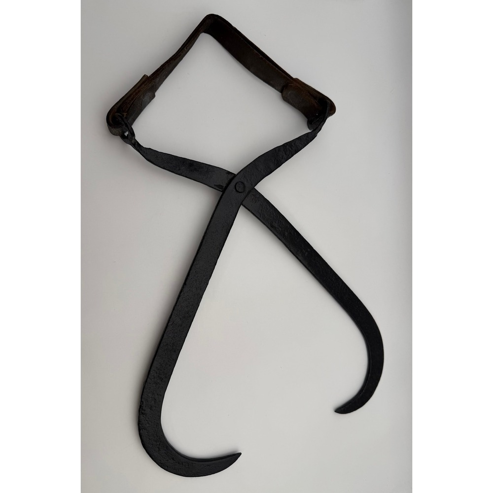 Vintage‎ Hand Forged Iron Ice Tongs Leather Handle Primitive Logging Tool Rustic